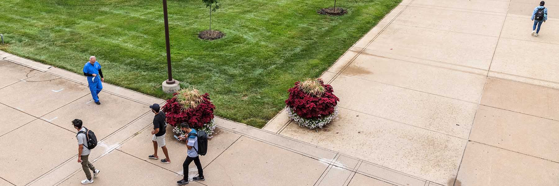 Students walking along the magnolia courtyard at IU Indianapolis